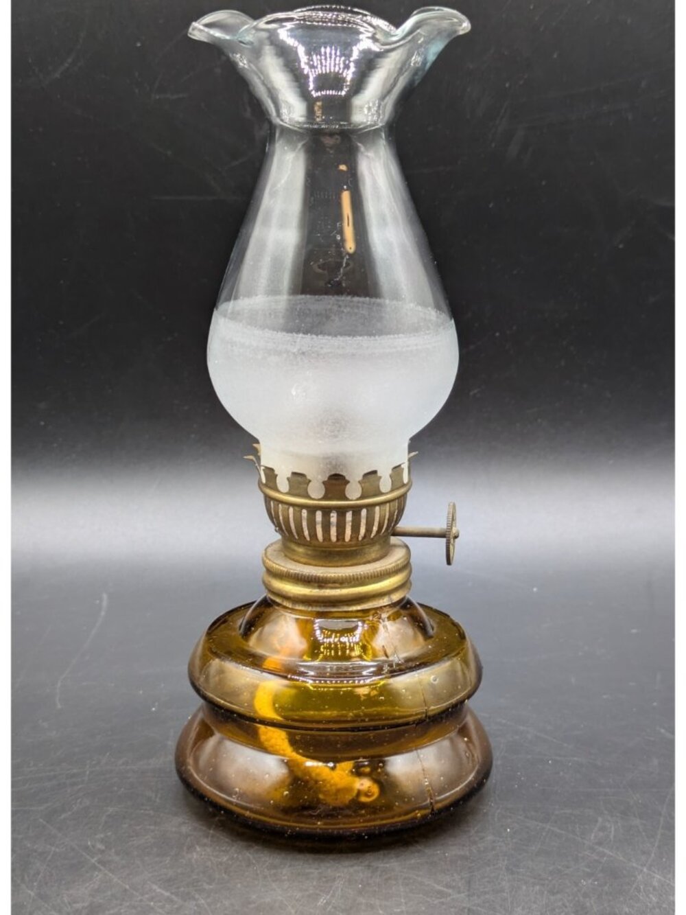 Vintage Miniature Oil Lamp Lantern Frosted Chimney Amber Base Angel Lamp 7"